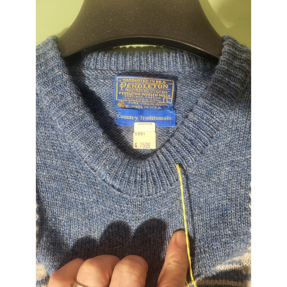 Pendleton Mens Blue Shetland Wool Plaid Crewneck Sweater Vintage Made in USA L - Picture 3 of 5